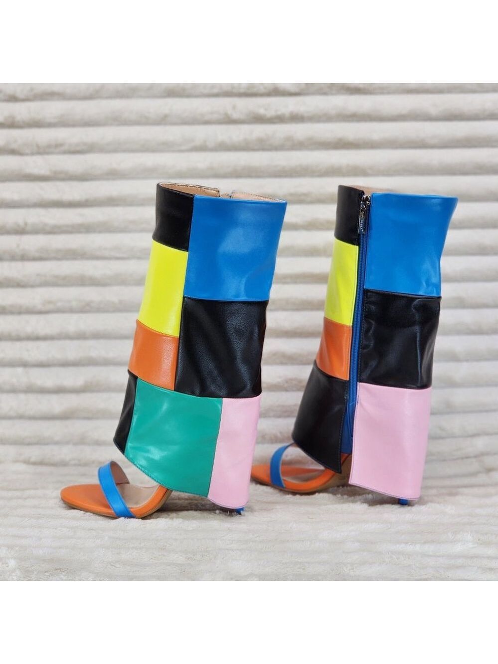 Paris Color Block Stiletto Fold Over Skirted Shootie Boot Sandals - Picture 9 of 15